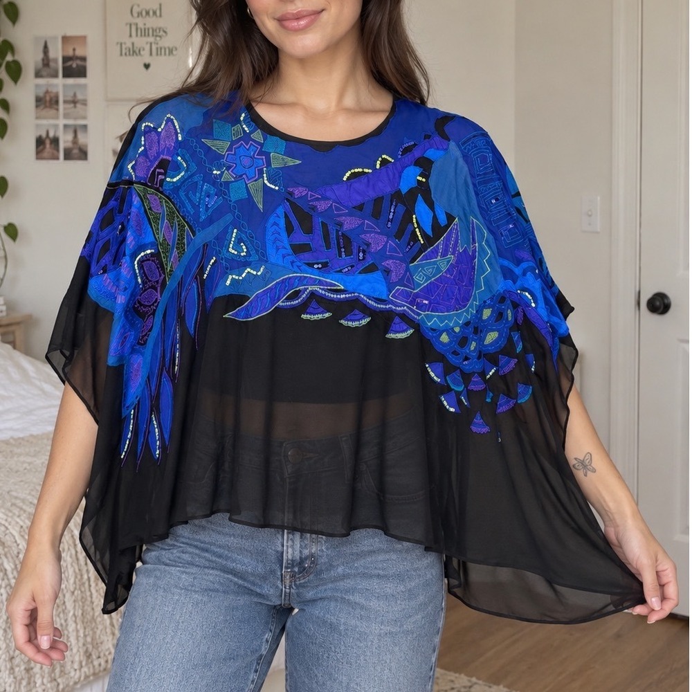 Chicos Vintage Sheer Black Blue Silk Applique Embroidered Sequin Kaftan Top S/M